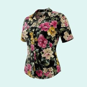 Kathie Lee Women's Black Pink Yellow Floral Short Sleeve Button Blouse Top